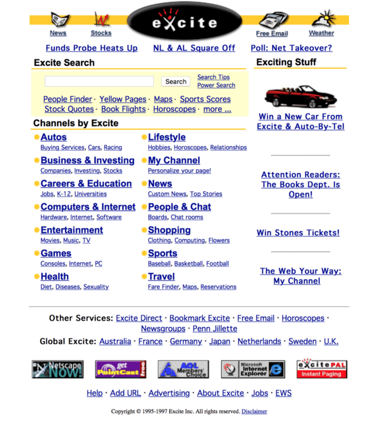 Excite em 1997, cortesia do Internet Archive