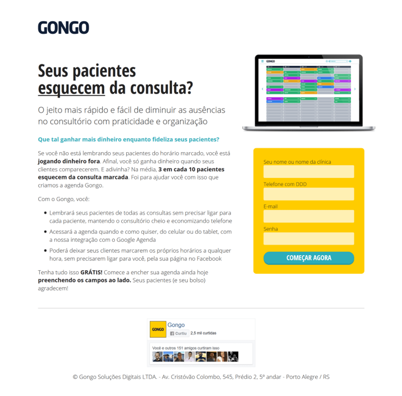 Landing page do Gongo com headline, subheadline, texto com benefícios e CTA