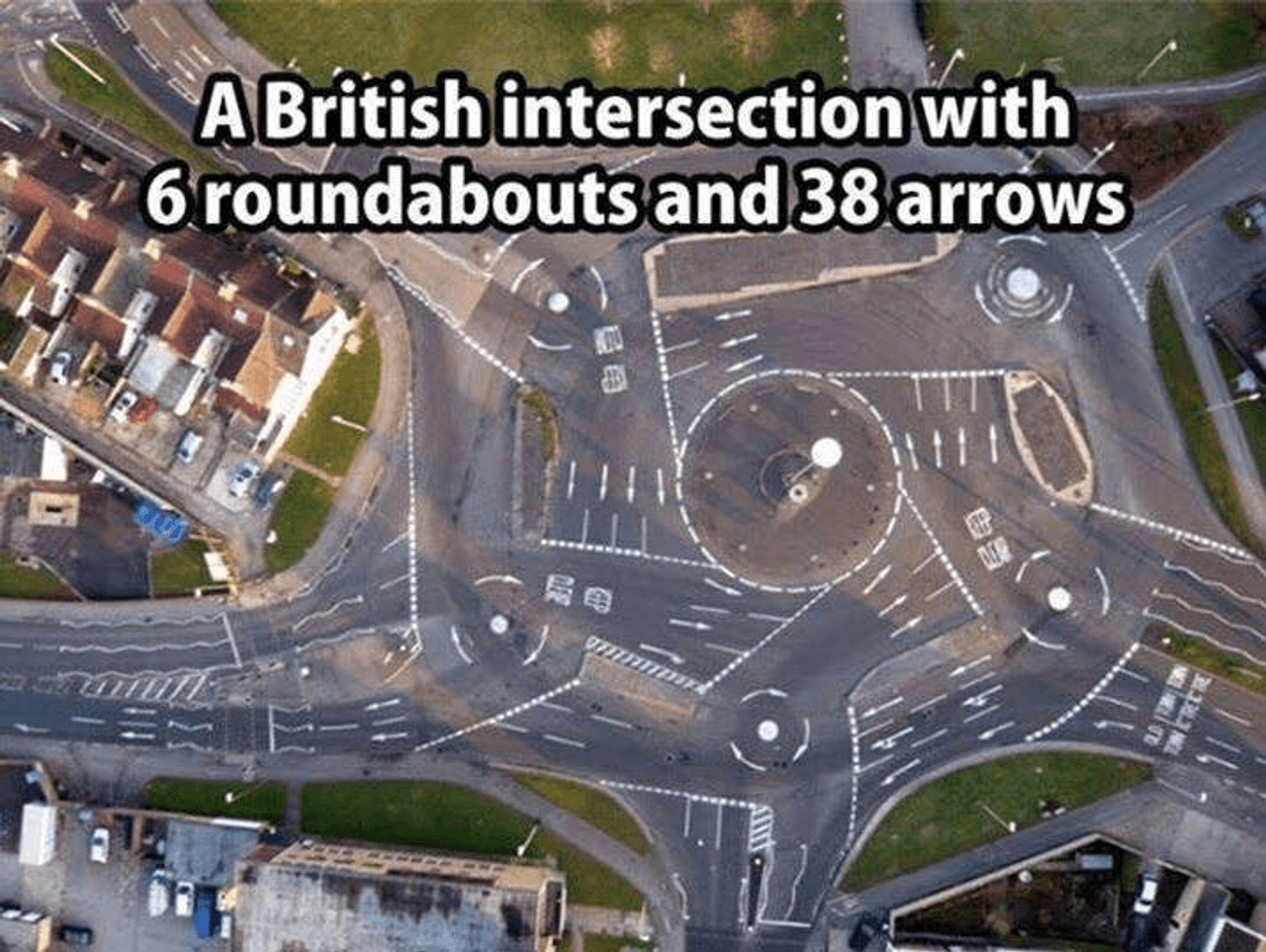 Um cruzamento britânico com 6 rotatórias e 38 setas
